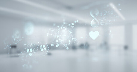 Abstract medical concept with dna heart and connected dots in a blurry room. Ideal for futuristic healthcare scenes, biotech visualizations, or scientific branding concepts