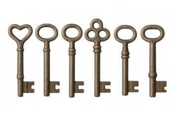 Seven antique keys isolated on transparent background, evoking concepts of security, mystery, and the passage of time
