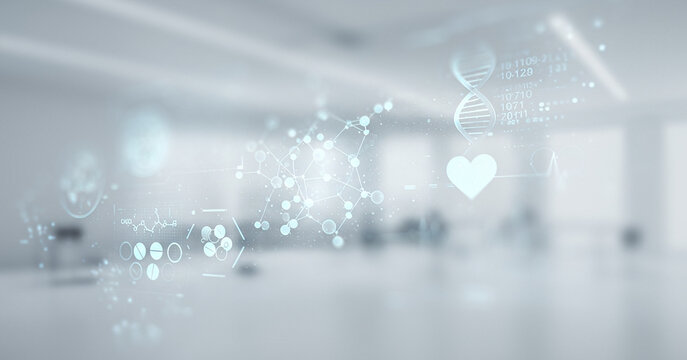 Abstract medical concept with dna heart and connected dots in a blurry room. Ideal for futuristic healthcare scenes, biotech visualizations, or scientific branding concepts - Powered by Adobe