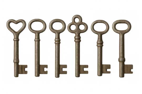 Seven antique keys isolated on transparent background, evoking concepts of security, mystery, and the passage of time