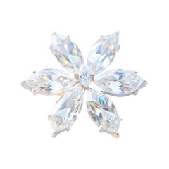 Clear faceted gemstone flower brooch with marquise cut petals isolated on a transparent background