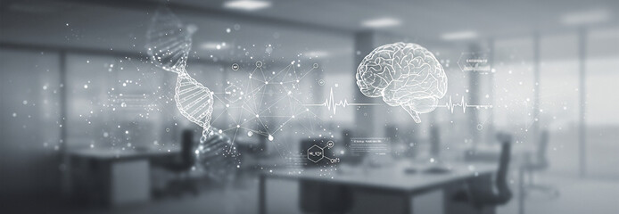 Office space with desks chairs and computer screens overlaid with brain illustrations. Suitable for neuroscience branding, mental health tech visuals