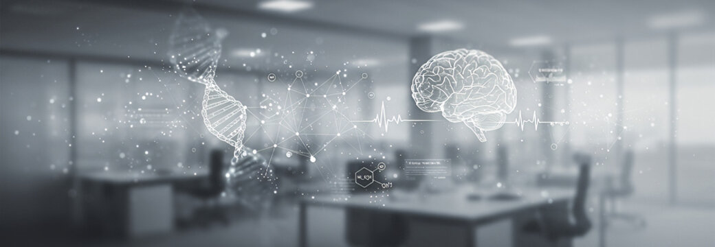 Office space with desks chairs and computer screens overlaid with brain illustrations. Suitable for neuroscience branding, mental health tech visuals