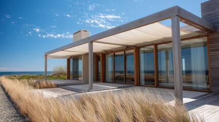 A contemporary coastal mansion with expansive pivoting glass doors breezy canvas awnings framed by seagrass shot in bright