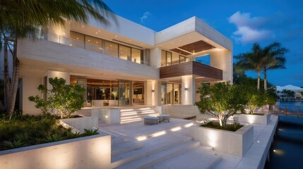 Fototapeta premium A contemporary coastal mansion with multi-level walkways recessed lighting set into travertine walls captured at dusk with glowing