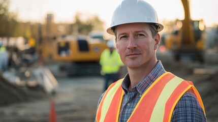 A serious male construction worker stands confidently at a job site, wearing a safety vest and helmet. Heavy machinery operates in the background, highlighting the industry.
