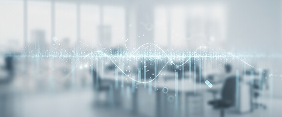 People working in a blurred office environment with desks and chairs. Suitable for biotech collaboration concepts, clinical workspace visuals, or science-themed productivity branding.