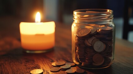 Warm Candlelight and Clear Jar of Coins Create Cozy Ambiance