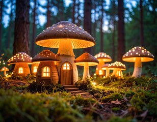 Fairy mushroom homes in a forest