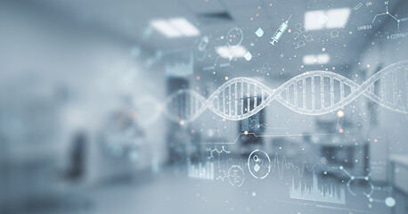 Abstract dna strand overlayed on a blurred laboratory or medical environment. Suitable for genetics research scenes, biotech branding, or clean digital health visual presentations.