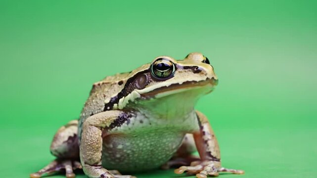 A vibrant green frog perched on a smooth surface, showcasing its unique patterns and colors