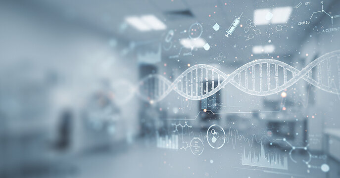 Abstract dna strand overlayed on a blurred laboratory or medical environment. Suitable for genetics research scenes, biotech branding, or clean digital health visual presentations.