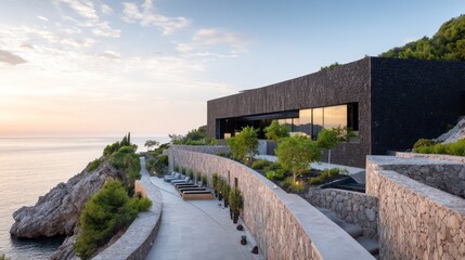 Fototapeta premium A contemporary coastal mansion with minimalist black stone walls cliff-edge terraces captured at late golden hour with reflective