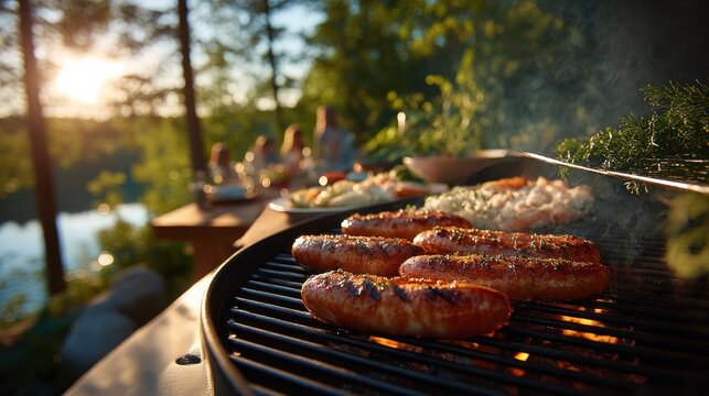 Grilled sausages by a lake