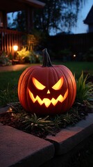 Obraz premium Jack-o'-lantern in garden at dusk