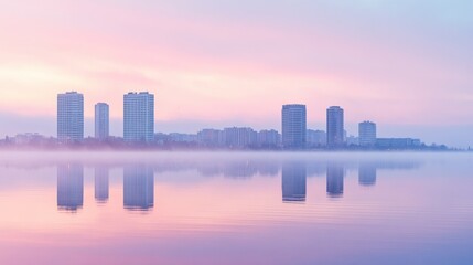 Obraz premium Serene Urban Skyline Reflection at Dawn with Soft Colored Clouds