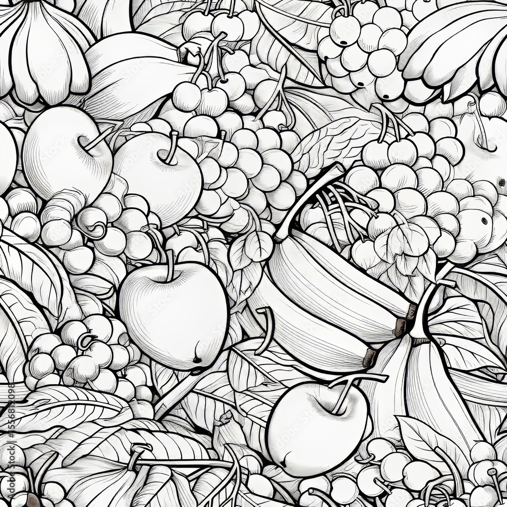Poster Seamless pattern of simple fruit contours on white background with minimal detail design