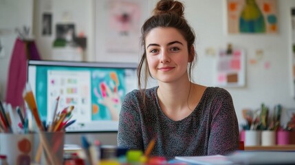 A young female graphic designer smiles in her creative workspace, surrounded by art tools and vibrant colors, showcasing a modern lifestyle and artistic passion.