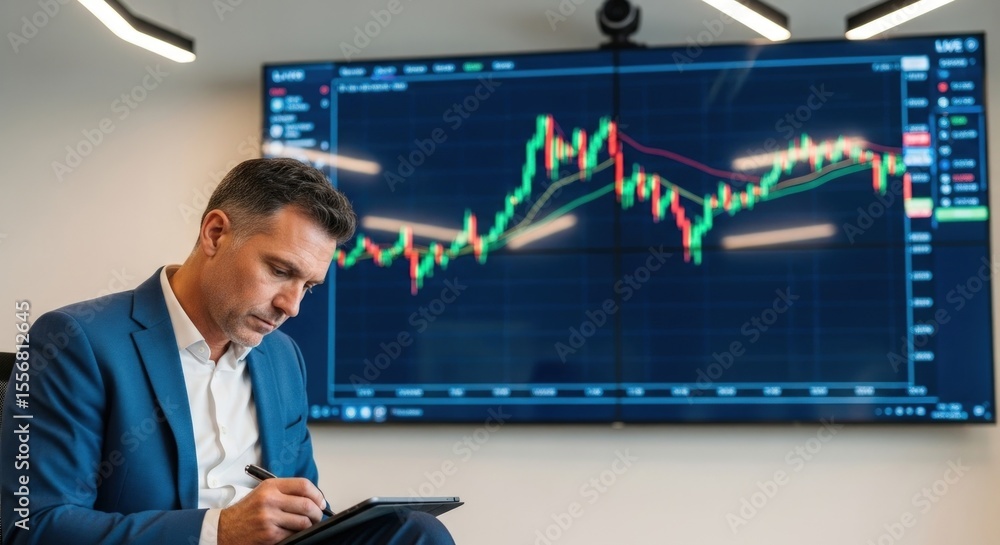 Poster man in suit analyzing stock market data on a large screen while taking notes on a tablet device