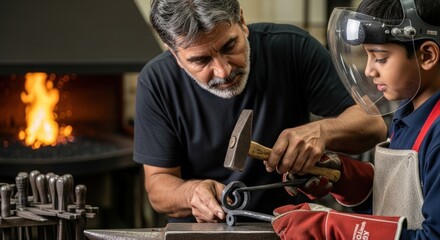 Man teaching boy blacksmithing with hammer and metal in workshop near a hot forge fire place
