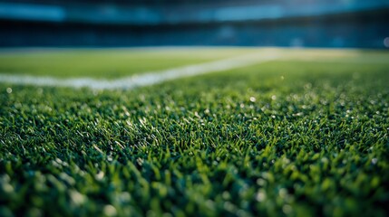Close Up Green Artificial Turf Soccer Field with White Lines and Blurred Stadium Background