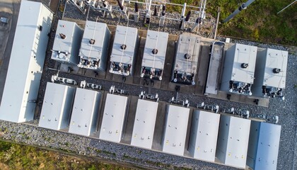 multiple BESS containers aligned in a row, labeled HV and MV, with a power transformer: