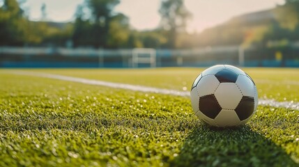 Fototapeta premium Close up of Soccer Ball on Green Grass Field