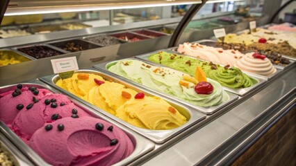 Colorful Assortment of Gelato and Sorbet in Ice Cream Parlor Display