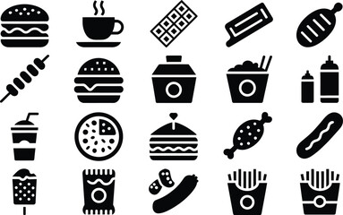 A collection of various food and drink items in black silhouette style