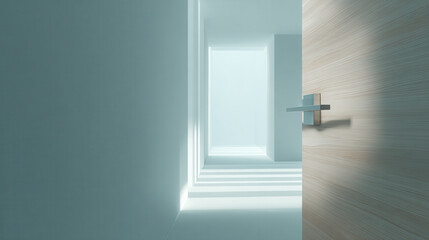 serene japanese minimalist door made of light wood slightly open to reveal tranquil corridor bathed in soft dawn