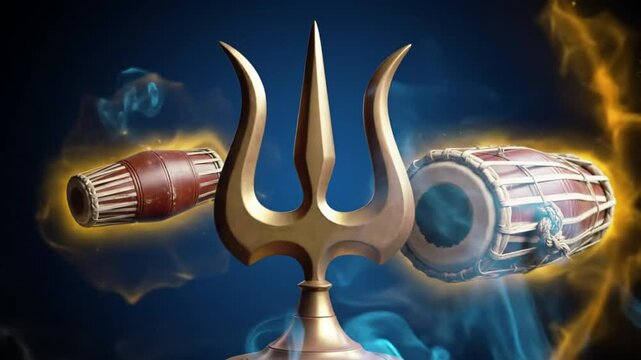 Shiva's Trident and Drums: A Mystical Animation with Golden and Blue Energy Effects
