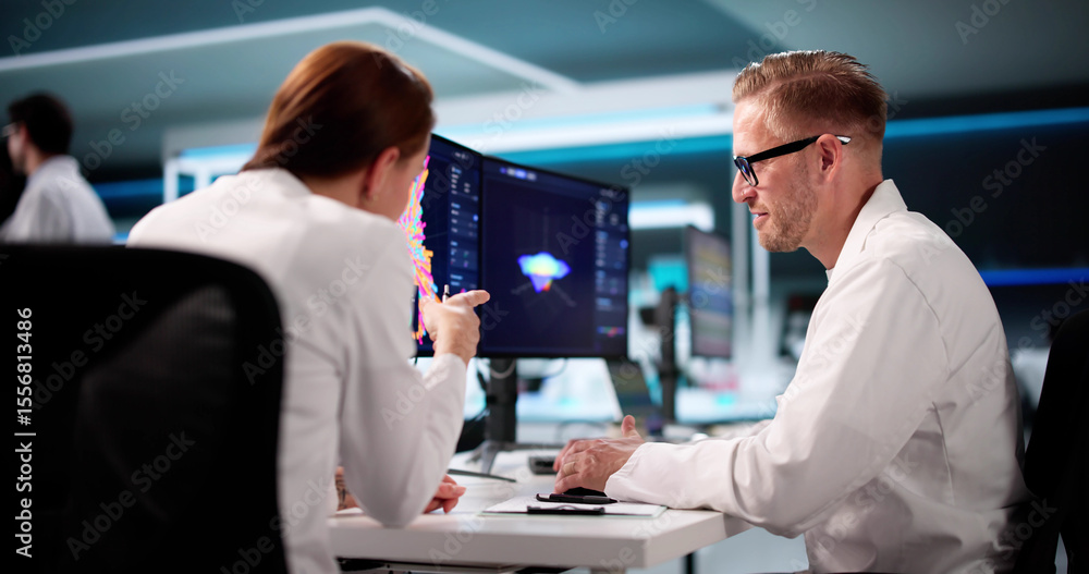 Poster team of analysts using 3d software for research