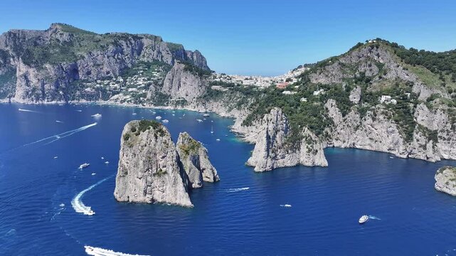 Faraglioni Of Capri In Naples Campania Italy. Stunning Tropical Coastline Beach Scene Viewed From Above. Coast Clouds Seaside Summertime. Coast Outside Beach Scenic Coastline. Naples Campania.
