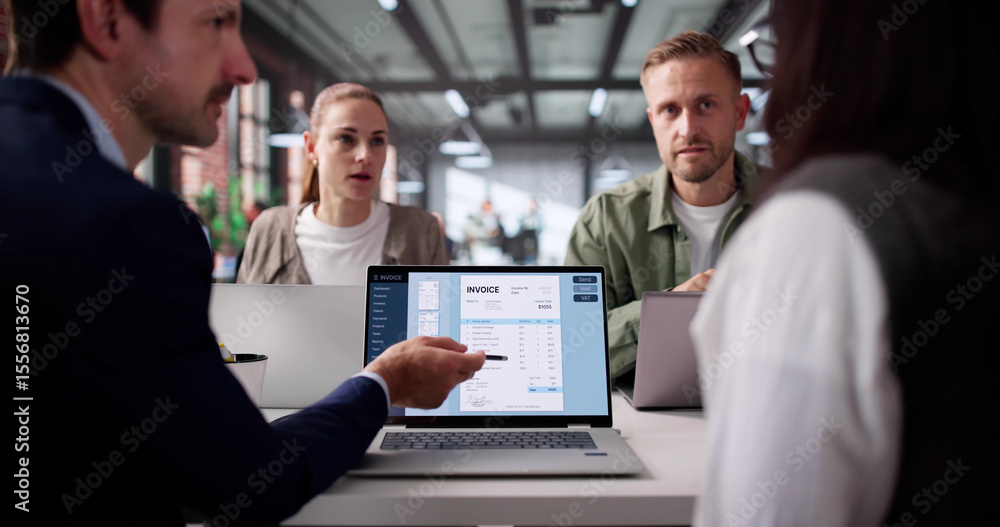 Poster collaborating on e-invoice factoring: diverse team simplifies online