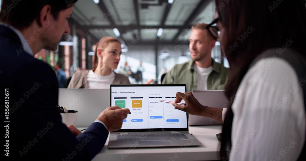 Poster Multiethnic Team Of UI UX Designers Developing Mobile Shopping