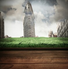 Wooden planks against new york