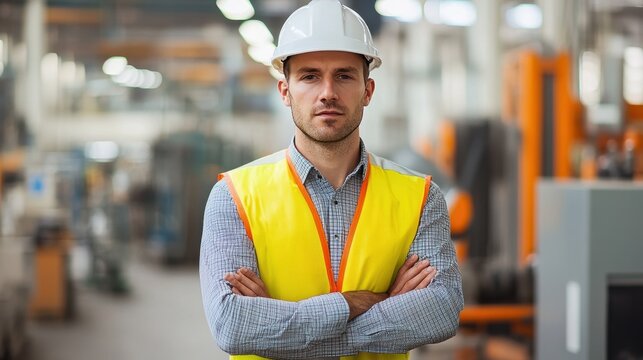 A professional male engineer stands confidently in an industrial setting, wearing safety gear. This portrait captures the essence of his role in engineering and safety management.