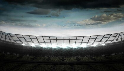 Flat design is showing empty stadium seats under overcast sky and curved roof with lit floodlights