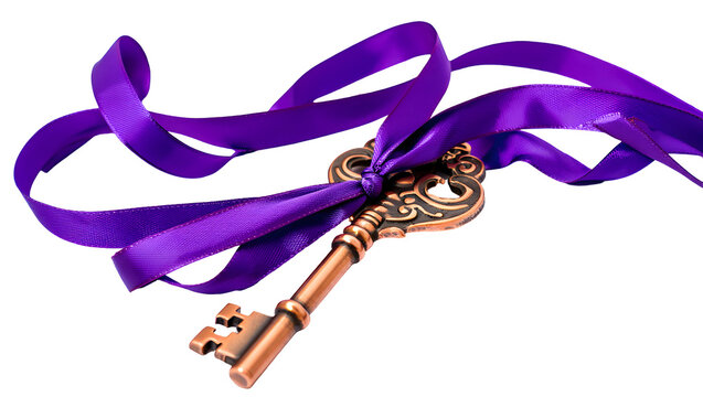 Ornate antique bronze key tied with vibrant purple satin ribbon isolated on a transparent background