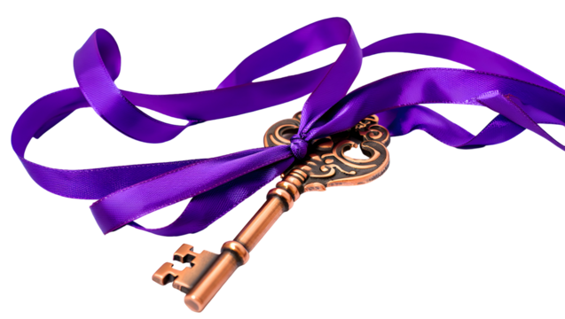Ornate antique bronze key tied with vibrant purple satin ribbon isolated on a transparent background