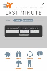 Travel booking interface is showing flat orange airplane logo, search panel, transparent background