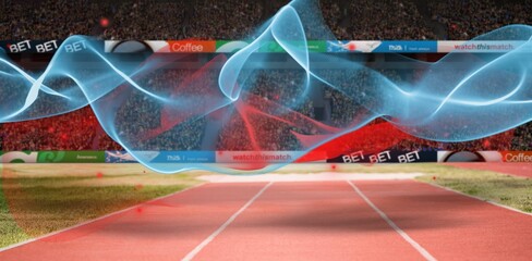 Red and blue trails over playing field