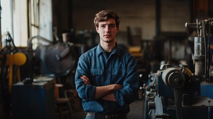 A young male engineer stands confidently in a workshop surrounded by tools and machinery, showcasing his skills and dedication to his craft in a professional environment.