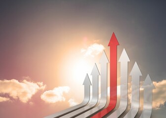 Red and grey arrows pointing up against sky
