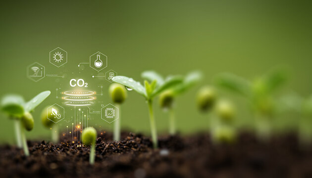 Seedlings sprout from soil with digital co2 reduction overlay on green background. Suitable for carbon capture visuals, green innovation branding, or eco-tech interface mockups.