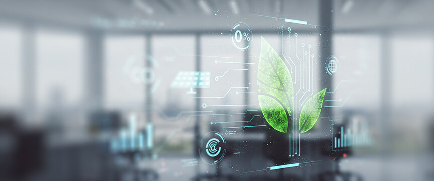 Digital plant graphic overlays an office environment suggesting technology and nature integration. Designed for eco-tech branding, green dashboard visuals