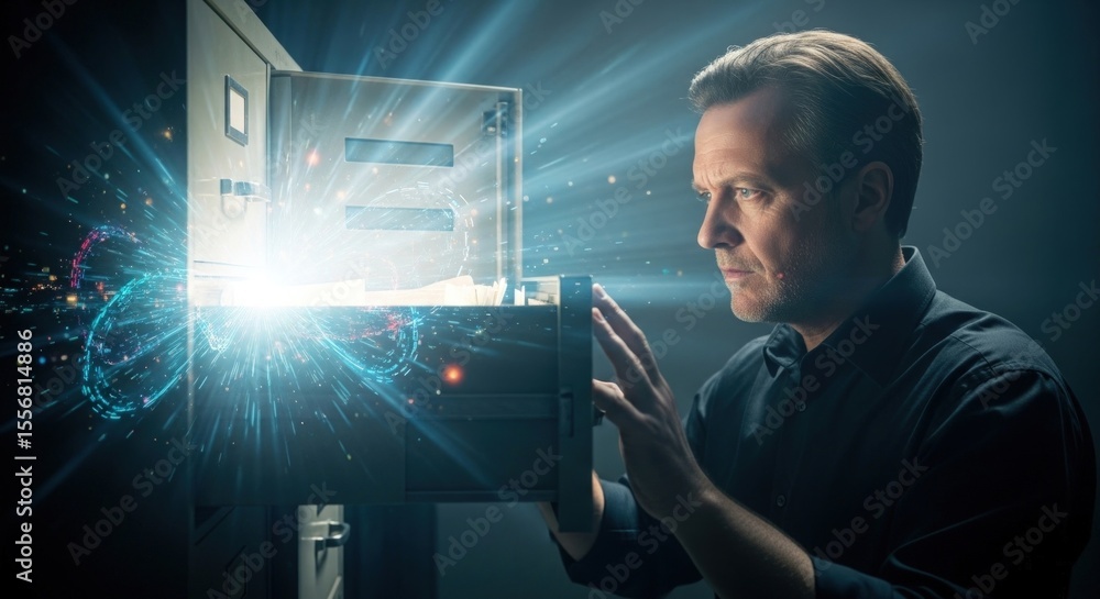 Aufkleber man opening a box with a bright light and digital effects emanating from it in a dark environment