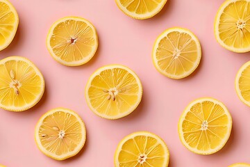 Fototapeta premium Lemon slices with pink background pattern.