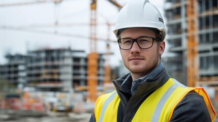 A young European male worker poses confidently at a construction site. Dressed in a safety vest and helmet, he embodies professionalism in modern building projects.