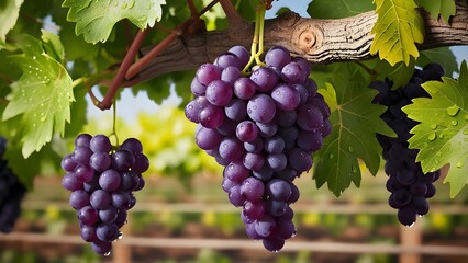 Fresh purple grapes hanging on a vine with green leaves and water droplets in a vineyard during sunny harvest season.